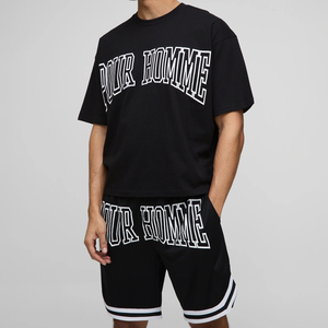 ชุดเสื้อยืดทรงบ็อกซี่และกางเกงขาสั้นบาสเก็ตบอล Pour Homme สำหรับผู้ชาย เสื้อผ้าสตรีทแวร์คุณภาพสูง ผ้าฝ้าย 100% ชุดลำลองสำหรับฤดูร้อน - Product Image 1