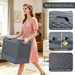 Contenitore da Esterno per Terrazzo da 25 Galloni, Impermeabile in PP Effetto Rattan, Organizzatore da Patio con Chiusura e Funzioni Extra, Utilizzabile anche come Tavolino Laterale - Product Image 5