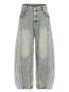 Jean décontracté pour homme à taille haute, coupe large, en denim délavé, rayé, en coton, pour le printemps - Product Image 4
