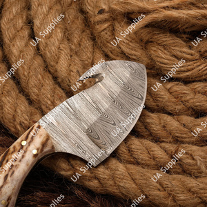 Couteau de chasse et de pêche EDC à lame fixe en acier Damas forgé à la main, avec poignée en corne de cerf et étui en cuir - Product Image 5