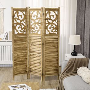 Handcrafted 3-Panel Wooden Room Divider Double Hinged <b>Folding</b> Privacy <b>Screen</b> Traditional Design Brown for Home Office 63x67x075 - Product Image 2