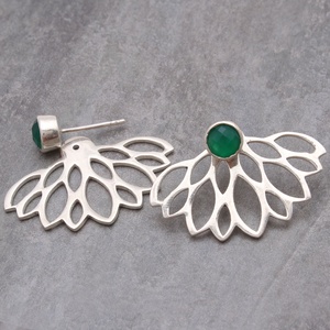 925 Sterling <b>Silver</b> Green Onyx Lotus Fan <b>Stud</b> <b>Earrings</b> for Women Handmade Gemstone Designer Statement Wholesale <b>Studs</b> - Product Image 1