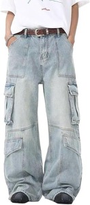 Délavage clair bleu glace, délavage moyen noir, délavage à l'acide délavé, délavage à la pierre, gris, blanc, beige, coton uni, taille mi-haute, déchiré, jambe large, coupe ample - Product Image 4