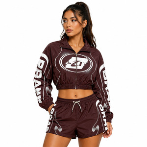Custom Women's Cropped Windbreaker Shorts Set Lightweight Nylon Zip <b>Jackets</b> Private Label Fashion Windbreaker Hoodies Tracksuits - Product Image 6