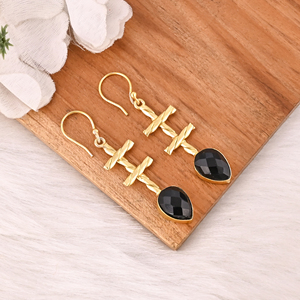 Natural <b>Black</b> Onyx Gold Plated Brass <b>Dangle</b> <b>Earrings</b> Handmade Fashion Jewelry for Women - Product Image 4