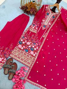 Trendy Chinon Silk <b>Kurti</b> with Palazzo Bottom Dupatta Set <b>for</b> <b>Women</b> Stylish Three Piece Party Wear Collection <b>for</b> Weddings Fest - Product Image 6