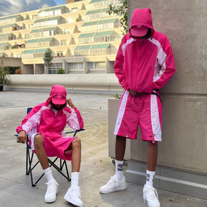 Men's Vintage Winter Pink Hooded Color Blocking Quick Dry 100% Cotton Sportswear <b>Set</b> <b>Knitted</b> Casual Outfit Shorts and Jacket - Product Image 1