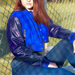 Veste courte universitaire pour femme, bleu roi et violet, style Letterman, manteau bomber, manches en similicuir, vêtement d'extérieur décontracté, mode féminine - Product Image 1