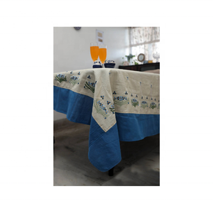 Nappe brodée en coton à bordure bleue naturelle certifiée GOTS Durable 70x120 pouces pour les réunions de famille New Wholesale - Product Image 1