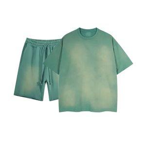 Ensemble court 2 pièces Teal Acid Wash Streetwear en molleton épais coupe ample Co-ord urbain Tenue de mode urbaine - Product Image 2