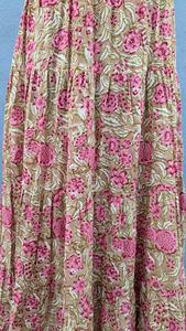 Elegant beige floral tiered <b>skirt</b> crafted in soft breathable fabric charming pink blossoms delicate green foliage prints - Product Image 3