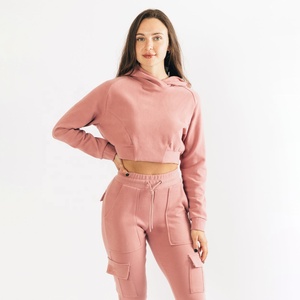 Nouveau style – Sweat à capuche court rose personnalisé pour femme avec cordon de serrage et pantalon cargo en molleton de couleur unie – Collection automne - Product Image 1