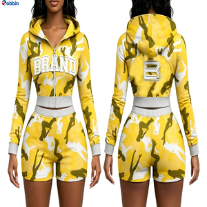 Conjunto Deportivo Corto de Verano para Mujer, Estilo Hip Hop, Color Rosa Camuflaje, 2 Piezas, Sudadera con Capucha y Pantalones Cortos, Manga Larga con Cierre, Ropa Deportiva Informal y Transpirable - Product Image 5