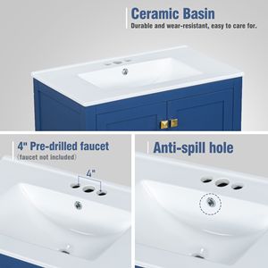 Meuble-lavabo bleu de 30 pouces avec vasque simple intégrée, armoire sous-évier et tiroir de rangement à 2 portes - Ensemble de meuble-lavabo simple - Product Image 6