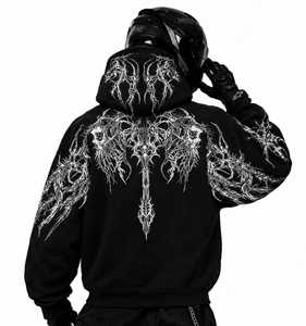 Sudadera con Capucha Unisex, Estampado Digital, Estilo Gótico Urbano, Negra, 100% Algodón, Transpirable, Corte Regular, Gruesa, Otoño, Servicio OEM - Product Image 2
