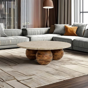 Table basse en bois avec pieds en forme de boule et plateau en travertin pour salon, hôtel, bar, restaurant et villa - Product Image 4
