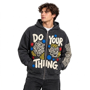 En gros, Sweat à capuche zippé intégral pour homme, style décontracté, en molleton épais, avec impression en relief et lettrage en mousse 'Make Some Noise', confortable et chauffant - Product Image 4
