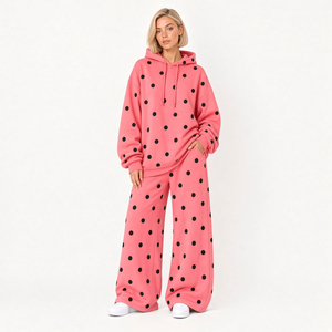 High Quality 100% Cotton Polka Dot Loungewear <b>Women</b> <b>Baggy</b> Sweatshirt Drop Shoulder Pullover Sweatshirt <b>Jogger</b> Sets Design - Product Image 3