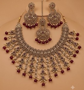 New High Quality Latest Designed Ethnic Bridal Brass Gold-Plated Rhodium Plated Moissanite Maang Tikka Necklace Earrings <b>Set</b> - Product Image 3