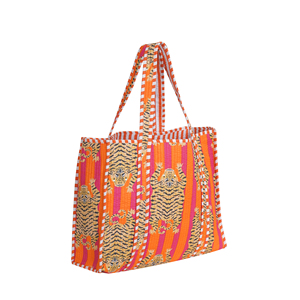Bolso Tote de Algodón Acolchado Ligero Hecho a Mano con Estampado de Tigre y Rayas Naranjas, Reversible, para Compras, Playa, Verano, para Mujer - Product Image 1