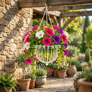 Panier suspendu vintage en métal blanc avec cadre en fil métallique décoratif courbé et suspension à chaîne, support de pot de fleurs ornemental - Product Image 5