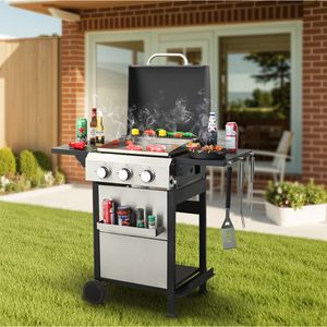 Barbecue a Gas Propano con 3 Bruciatori, Potenza 36900 BTU, Griglie di Cottura in Metallo Smaltato, Lati Pieghevoli e Piastra in Acciaio Inox per Barbecue all'Aperto - Product Image 1