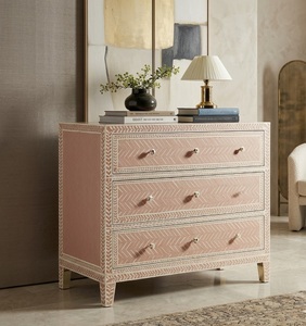 Commode traditionnelle en bois massif avec incrustations en os, meuble de rangement à motifs roses pour salon - Product Image 3