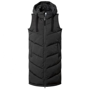 Gilet matelassé sans manches à capuche noir pour femme, long, zippé, d'hiver, en polyester, coupe-vent, décontracté - Product Image 1