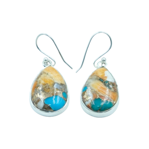 Pendientes Colgantes Hechos a Mano de Plata de Ley 925 con Gema de Turquesa de Ostra Espinosa Multicolor Natural en Forma de Pera, Estilo Bohemio Étnico - Product Image 1