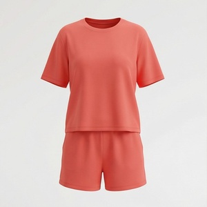 Women's 2 Piece Knitted Solid <b>Coral</b> Short Sleeve T Shirt and Above Knee Shorts Set Casual Loose Fit Spring Summer Wear - Product Image 1