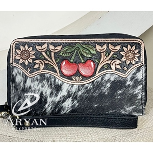Direct Factory Price <b>Tooled</b> Cowhide <b>Leather</b> Long Wallet High Quality Floral Pattern Zipper Closure Phone Clutch For Women's - Product Image 1