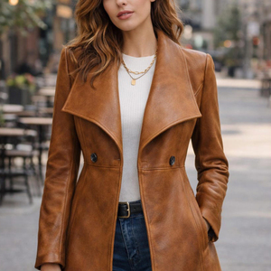 Veste longue en cuir moderne pour femme, style manteau, vêtement d'extérieur chaud, conçue pour la mode urbaine et les tenues saisonnières - Product Image 2
