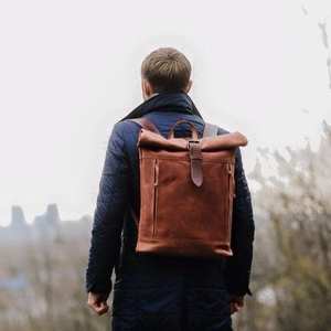 Sac à dos minimaliste en cuir à enroulement, sacoche fine pour ordinateur portable en cuir de vachette véritable, sac de bureau pour homme, équipement urbain LTBP-0007 - Product Image 4