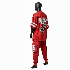 Ensemble maillot et pantalon en mesh pour homme, 180 GSM, tissu polyester respirant, rouge, vêtements de sport avec logo personnalisé, ensemble 2 pièces pour homme - Product Image 5