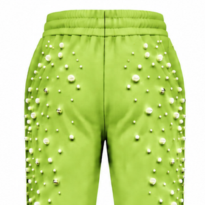 Lime Green Pearl Beaded Jogger Pants Women Luxury Embellished Drawstring Sweatpants Casual Streetwear <b>Fleece</b> <b>Trousers</b> Custom - Product Image 4