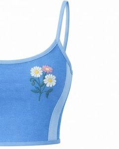 Sky Blue Light Blue Women Camisole And Shorts <b>Set</b> Summer Two Piece Outfit Cotton Blend Crop Top Floral Print Drawstring Shorts - Product Image 3