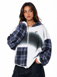 Sweat à capuche zippé intégral pour femme, manches à carreaux, gris clair, en molleton mélangé de coton, épaules tombantes, dégradé pulvérisé, style streetwear, automne-hiver, OEM - Product Image 4