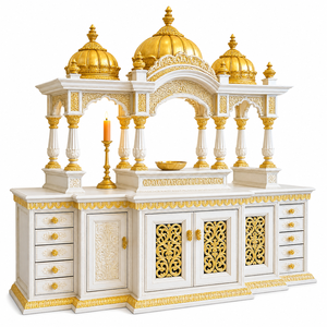 High Quality Teak Wooden Marble Look Mandir For Home Big Size White & Gold Temple with <b>Storage</b> Cabinets Pooja Room Sikh Mandir - Product Image 2