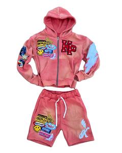 Sudadera con capucha con parche bordado desgastado personalizado lavado ácido Vintage Zip Up sudaderas con capucha pantalones cortos de algodón para hombres y conjunto de chándales para correr - Product Image 1