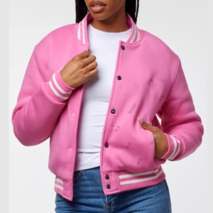 Chaqueta Varsity Corta de Forro Polar Vintage para Mujer, Transpirable, Color Rosa Perla, Estilo Béisbol con Bordado, Tejido Lavado, Cierre de Botones - Product Image 1