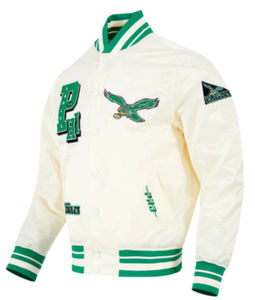 Vestes universitaires chauffantes écologiques en satin effet peau d'aigle Philadelphia, best-sellers de BLACK LAND INDUSTRIES, avec broderie frontale - Product Image 1