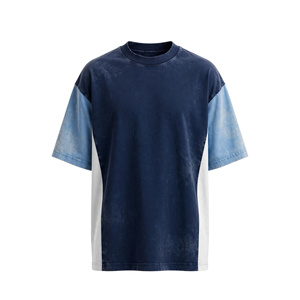Men's Oversized Raglan Sleeve T-Shirt-Dark Blue for Sky Blue & <b>White</b> Tri-Color Block Mineral Wash Tee - Product Image 1