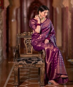 Purple Silk Saree Traditional Indian Wedding <b>Dress</b> Banarasi Style Draped With Border <b>Pattern</b> For Ceremony Wear - Product Image 1