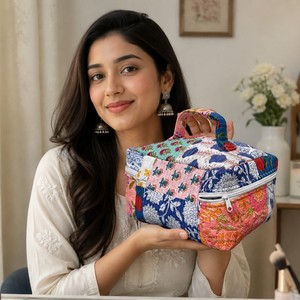 Panelled Cosmetic Bag Medium Size Bohemian Floral Print Zipper Closure Soft Handle Textile Material - Product Image 1