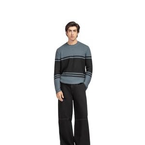 <b>Men</b> Blue Grey & Black Striped Knit Sweater Long Sleeve Crew Neck <b>Pullover</b> Casual Warm Ribbed Cuff Custom Logo OEM Manufacturer - Product Image 2
