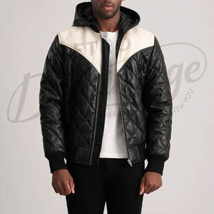 Chaqueta de Cuero Bicolor Negra y Blanca para Hombre, Chaqueta Acolchada con Capucha y Diseño de Diamantes, Chaqueta de Invierno Cálida y Acolchada Estilo Biker - Product Image 5