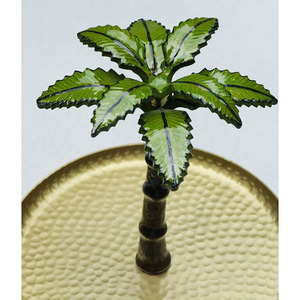 Charming Two-<b>Tier</b> Gold <b>Cake</b> Stand Featuring Hammered Trays & A Unique Central Palm Tree Pillar With Green Fronds Top For Serving - Product Image 5