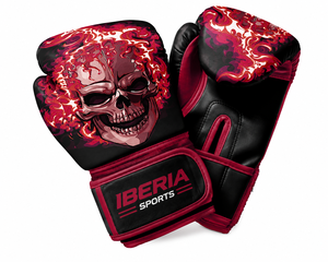 Guantes de Boxeo Negros Premium IBERIA con Estampado de Calavera y Llamas Rojas, Guantes de Entrenamiento de Cuero PU, Logotipo Personalizado, Venta al Por Mayor OEM - Product Image 1