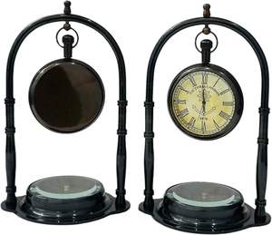 Art Deco Brass Quartz Silent Desk <b>Clock</b> Compass Set Antique Finish Decorative Maritime Home Office Decor <b>Clocks</b> - Product Image 1