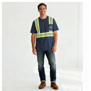 เสื้อยืดทำงานแบบสะท้อนแสงสำหรับผู้ชาย ANSI Class พร้อมกระเป๋าสะท้อนแสงสีเทาขนาด 5 ซม. แขนสั้น - Product Image 1